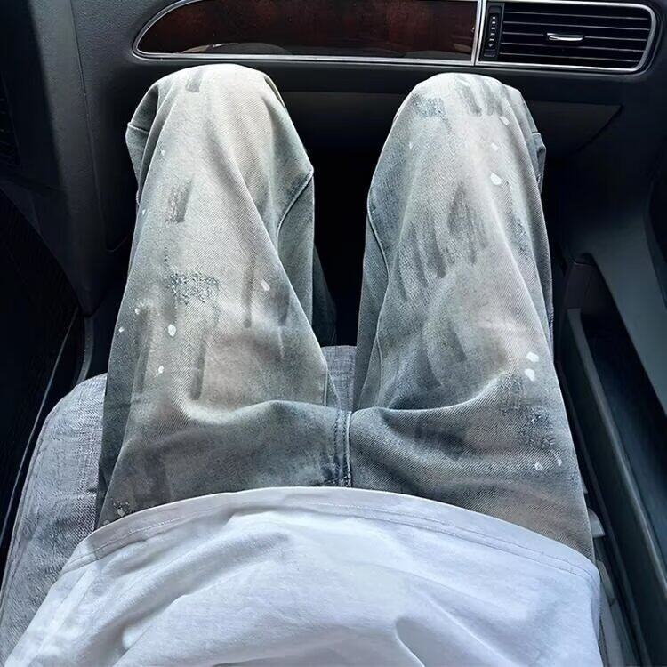 水洗脏染泼墨设计直筒牛仔裤男春秋季美式高街vibe修身显瘦微喇裤,男装牛仔裤,星座506A