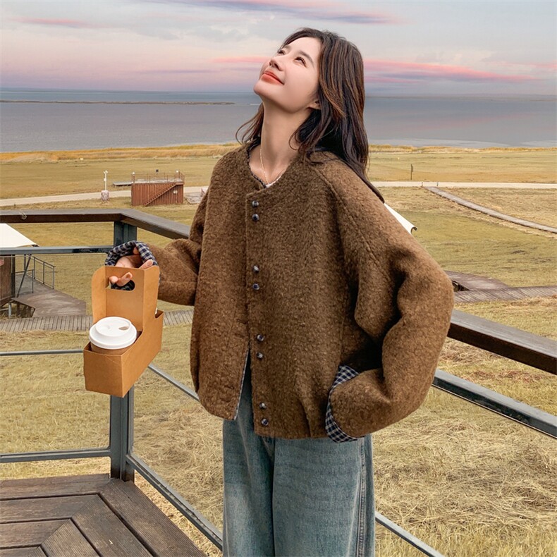 现货：冬装新款拼色格子毛呢韩范宽松外套2C135-8926P185K288,女装毛呢外套,2C135