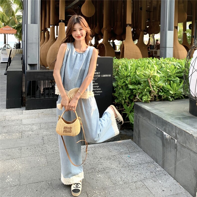 蕾丝花边牛仔背心套装女2025夏季新款盐甜系穿搭休闲阔腿裤两件套,女装套装/套裙,2C217