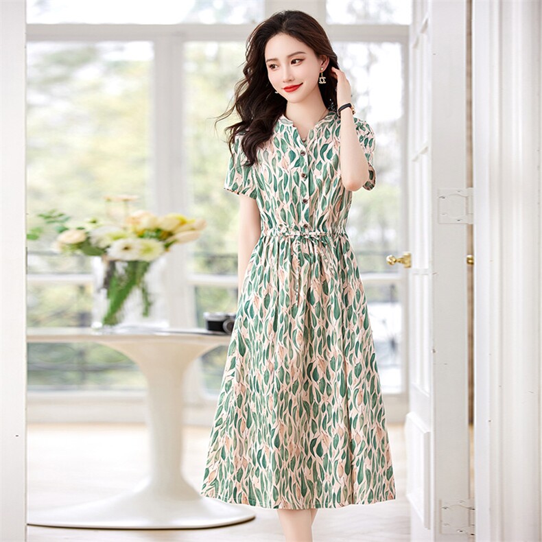 印花亚麻连衣裙女中长款2023夏季新款小个子V领收腰显瘦棉麻裙子,女装连衣裙,牡丹诺