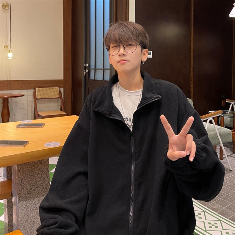摇粒绒外套男秋冬季港风复古立领开衫学生美式潮牌休闲内胆夹克衫图片
