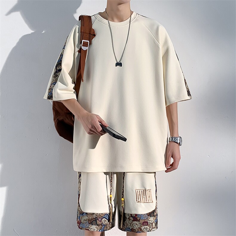 2024夏季新款港风光影墙大码短裤短袖T恤套装M-5XHQ23519-P60，男装牛仔裤，电商A022