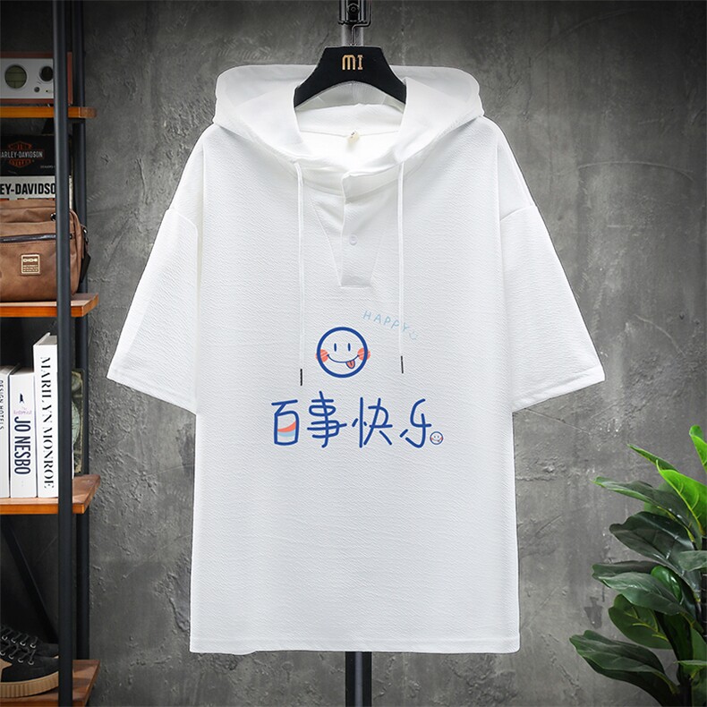 LD54183-P45 连帽短袖t恤男大码胖子带帽五分袖中袖 展架图片
