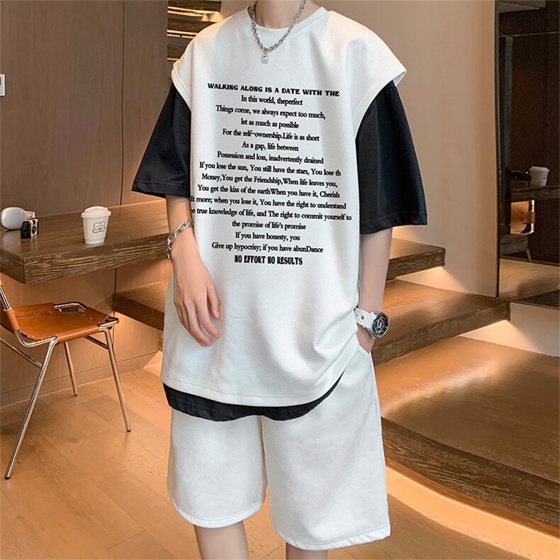 直播美式麂皮绒宽松背心无袖t恤短裤大码两件套套装TZ25-P58,男装T恤,电商A486