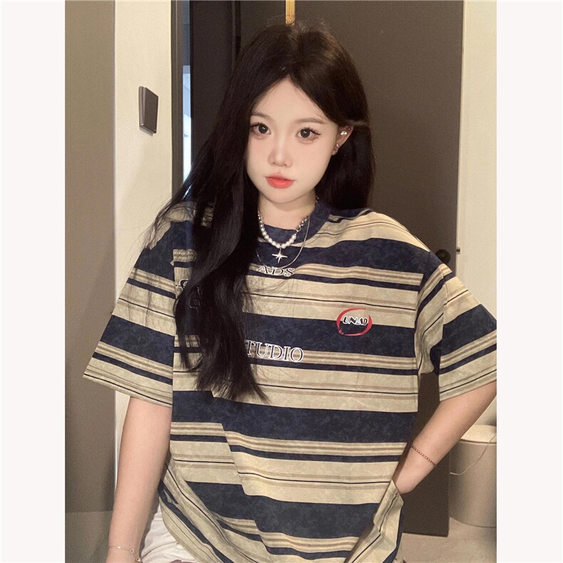 纯棉240克美式宽松版条纹情侣装短袖女T恤男A426-1-CT05-P30图片