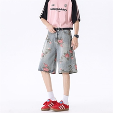 美式复古高街花卉牛仔五分裤男款夏季高级感XZ201-339P42，男装牛仔裤，星座201