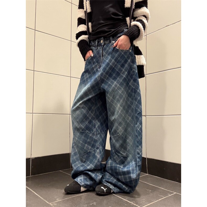 美式复古格纹弯刀牛仔裤秋冬新款设计感宽松直筒拖地裤-N530,男装牛仔裤,星座813-2