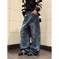美式复古格纹弯刀牛仔裤秋冬新款设计感宽松直筒拖地裤-N530，男装牛仔裤，星座813-2
