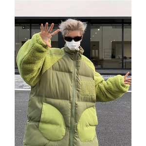 羊羔毛拼接棉服男冬季新款加厚情侣面包服设计感小众棉衣外套图片