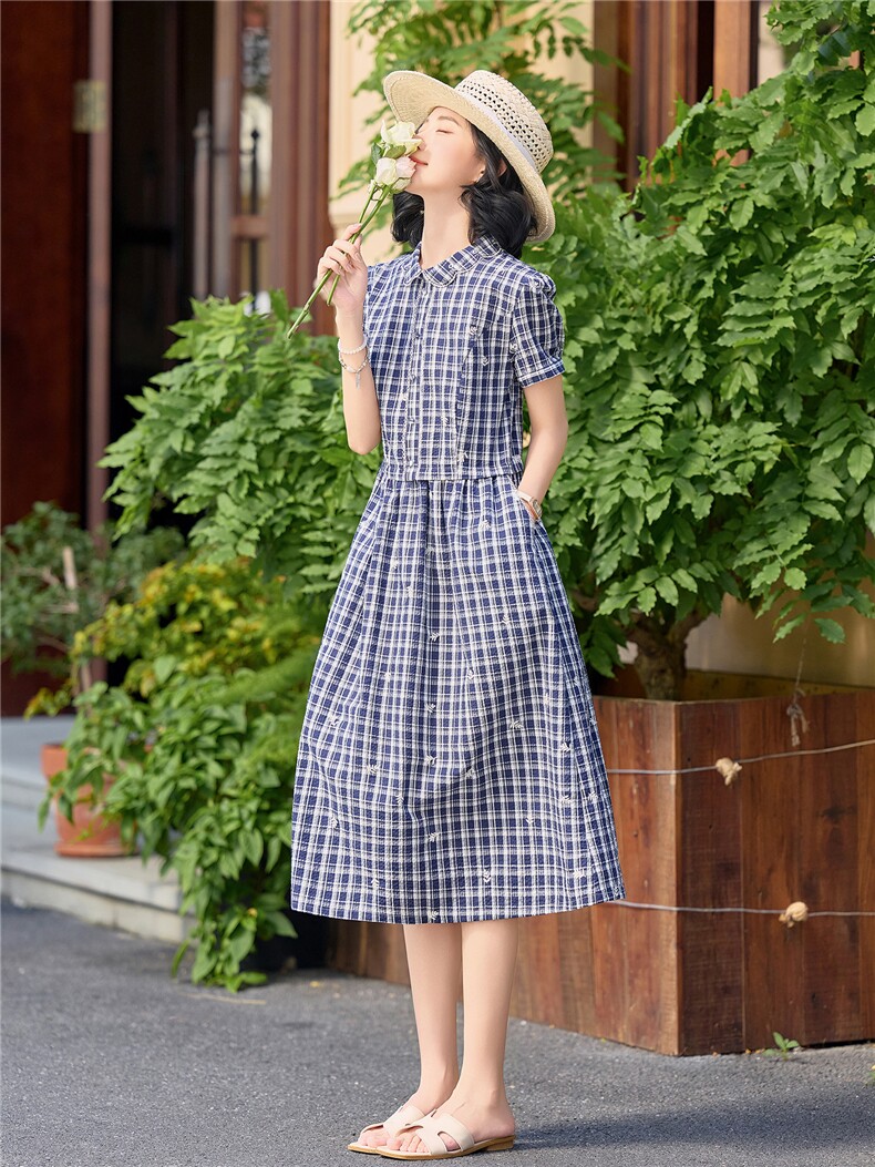 夏季格纹绣花收腰显瘦学院风优雅气质连衣裙（细节图颜色为准）,女装连衣裙,水衣源