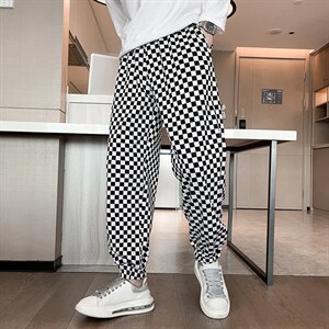 休闲裤夏季新款青少年棋盘格哈伦裤薄款ins潮流黑白格宽松束脚裤图片