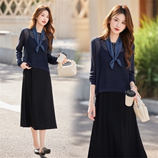 黑色吊带连衣裙2025秋新款简单大方的法式气质针织长袖度假套装裙，女装套装/套裙，奋斗女王