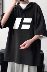 LD5435-P45连帽短袖t恤男大码胖子带帽五分袖中袖，男装T恤，电商A040