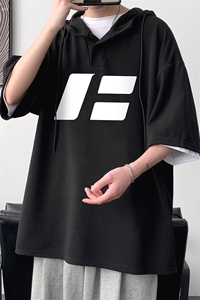 LD5435-P45 连帽短袖t恤男大码胖子带帽五分袖中袖图片