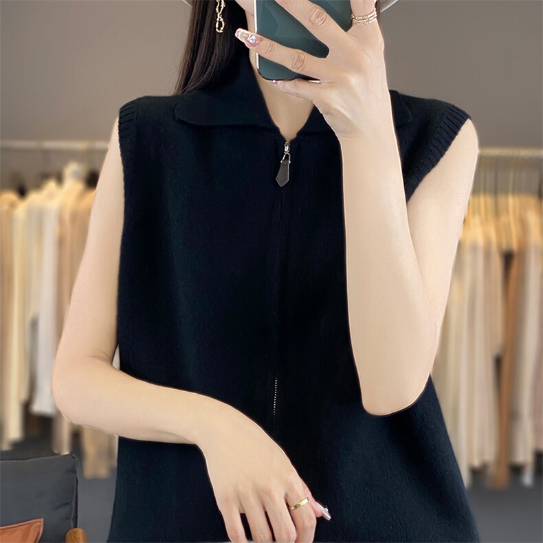 时尚百搭无袖宽松羊毛衫显瘦气质拉链开衫,女装羊毛衫,绒迪羊绒