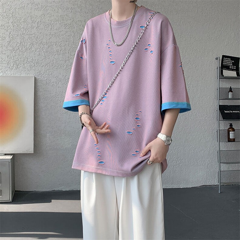 T10137-特批33  控68 开口笑高品质夏季大码短袖破洞潮流百搭T恤图片
