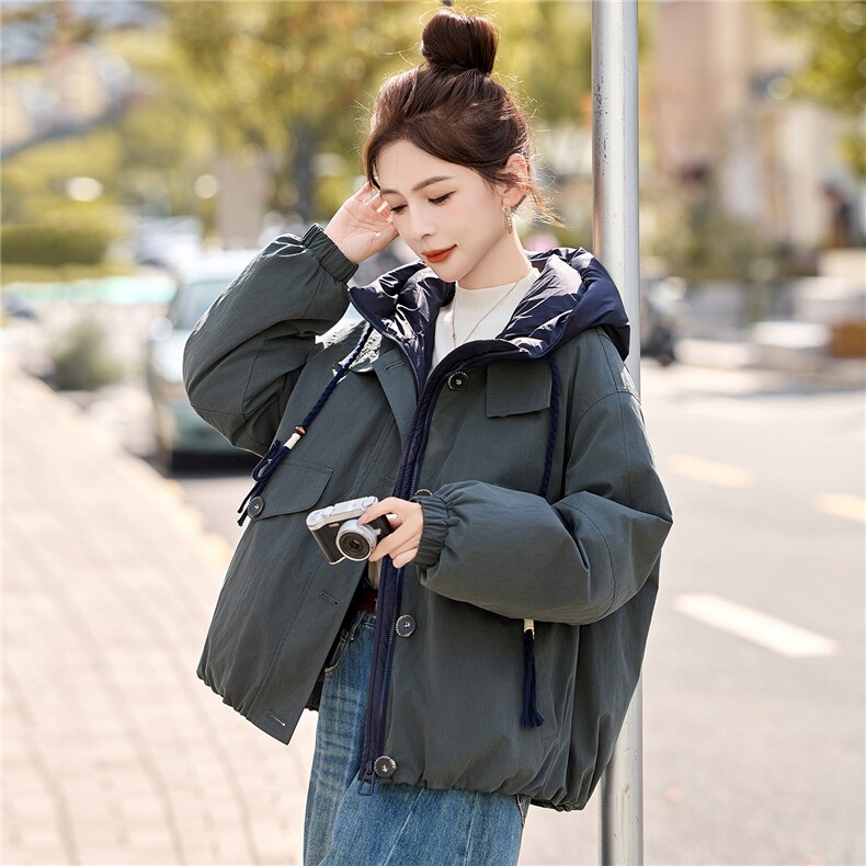 90白鸭绒宽松大版休闲拼接工装派克假两件连帽羽绒服,女装羽绒服,采品优优
