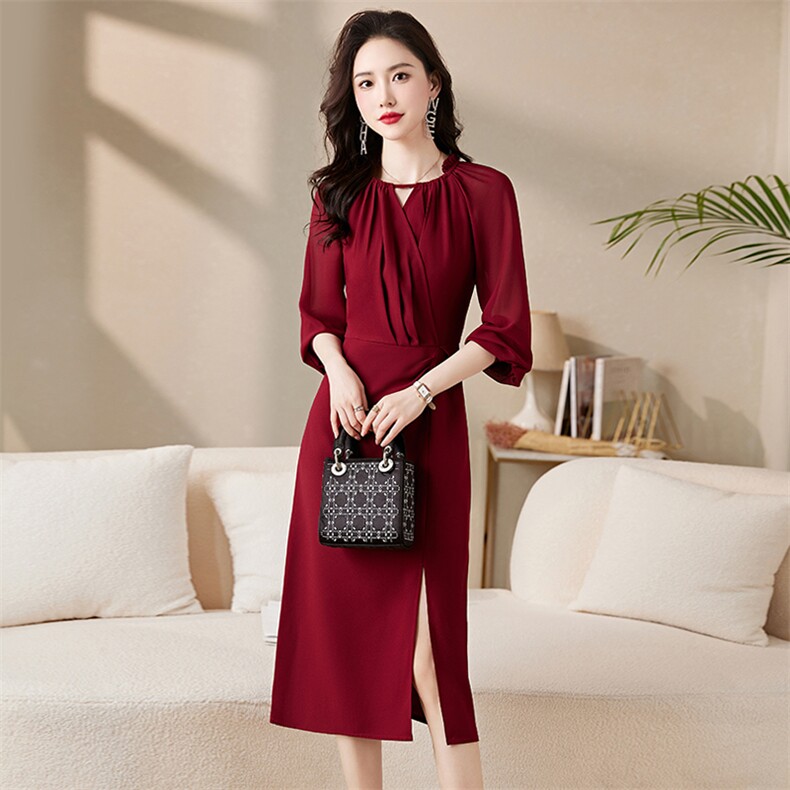 法式红色连衣裙女春季敬酒服新娘结婚当天便装订婚礼服平时可穿搭,女装连衣裙,尚娜萱