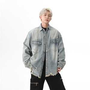 潮牌牛仔服外套男翻领破洞宽松上衣青年春新款休闲夹克JK1175-P70图片