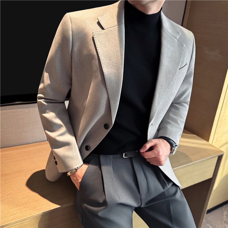 秋冬厚款羊毛呢西装外套男高级感品质西服上衣浅杏色DX7043-P178，男装西服套装，电商A213