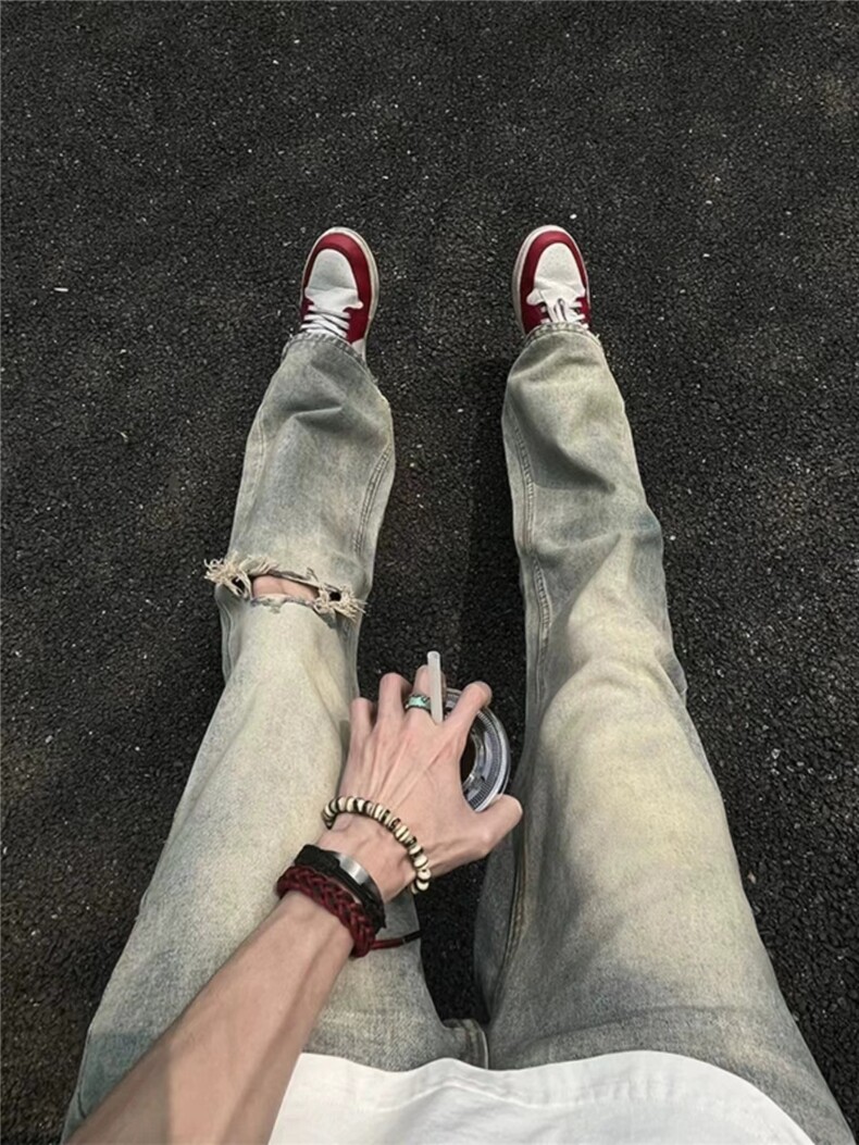 水洗泥黄破洞牛仔裤男直筒微喇cleanfit高街vibe裤子美式006P55,男装牛仔裤,电商D256A(原A064A)