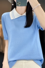 棉麻针织短袖t恤女2025新款Polo翻领休闲高端纯棉薄上衣漂亮小衫，女装针织衫/毛衣，郡淞羊绒