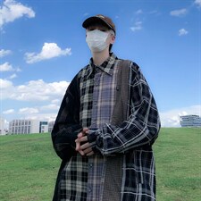 美式拼接格子休闲衬衫男长袖秋季潮牌街头情侣衬衣外套JY8216-p46，男装衬衫，星座1008-1