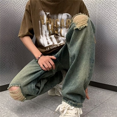 设计感破洞牛仔裤男复古高街美式hiphop潮牌直筒裤子KN8036-P45，男装牛仔裤，星座1008-1