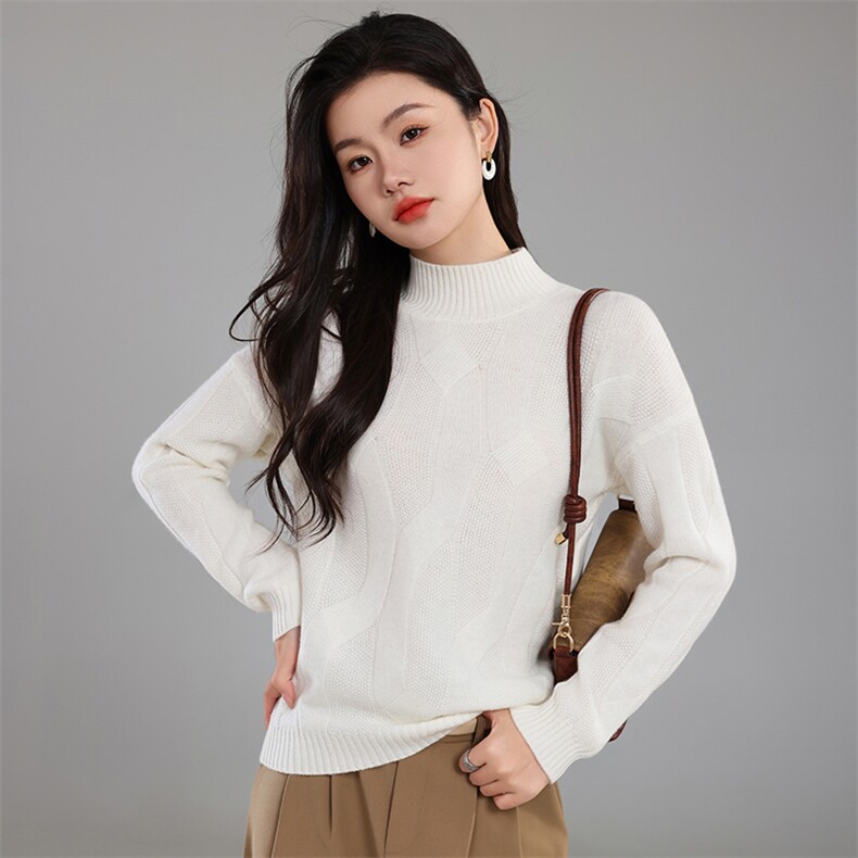 百搭女秋季新款简约大麻花半高领针织衫优雅显瘦长袖毛衣舒适保暖，女装针织衫/毛衣，奢优羊绒
