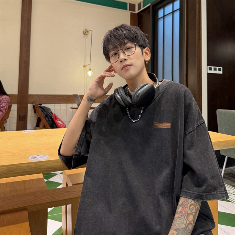 量大优供视频240g重磅美式炒雪花水洗做旧短袖t恤STX354-特P25,男装T恤,电商B371