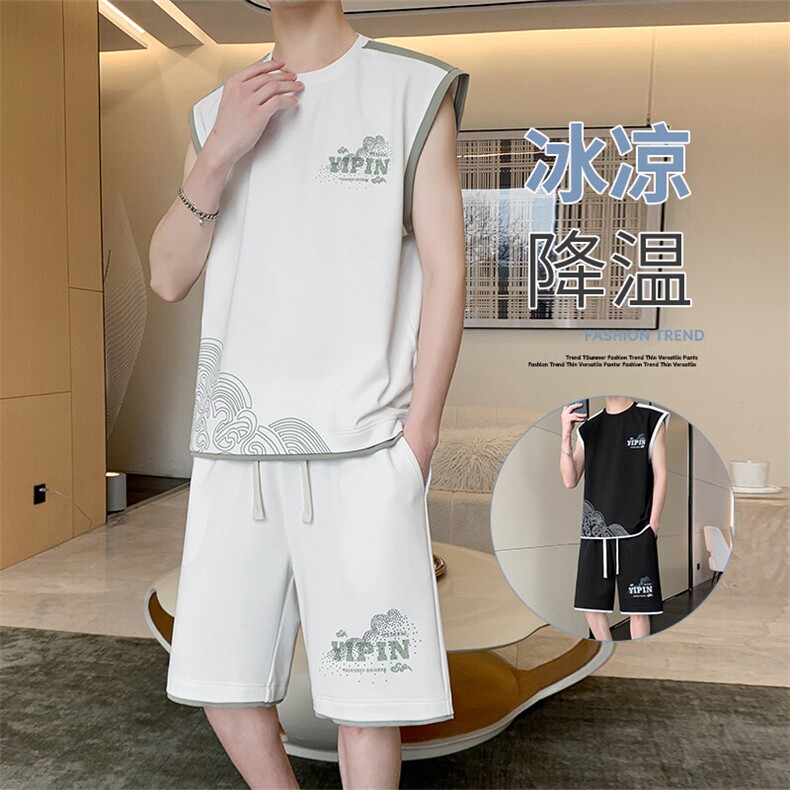 无袖背心男短袖T恤套装大码五分短裤两件套217-2-TZ07-特P50图片