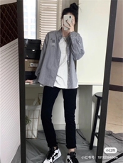 2025年秋季宽松型长袖POLO领开衫条纹衬衣男女同款亲子款，女装衬衫，鄂贝斯羊绒