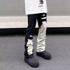 美式高街黑白拼接直筒裤男女破坏显瘦设计感牛仔长裤WL52066-P50，男装休闲裤，星座1008