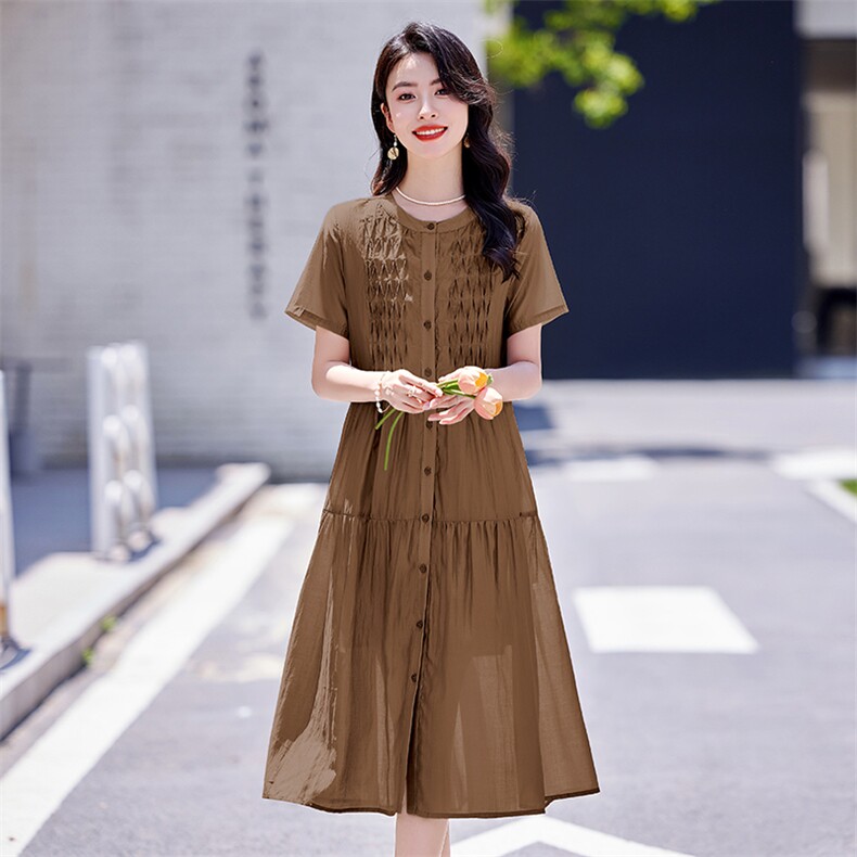 温柔风甜美黄色收腰显瘦连衣裙女2025新款夏季短袖绝美气质长裙子,女装连衣裙,梦芯尔