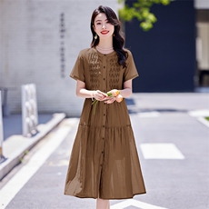 温柔风甜美黄色收腰显瘦连衣裙女2025新款夏季短袖绝美气质长裙子，女装连衣裙，梦芯尔