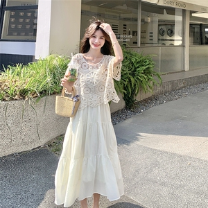 度假风针织镂空罩衫吊带连衣裙套装女夏两件套韩系流行小清新绝美图片