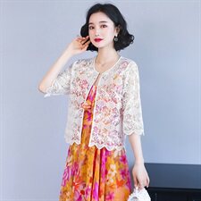 2023年蕾丝衫/雪纺衫夏季绣花短款开衫百搭圆领，女装蕾丝衫/雪纺衫，婵米儿