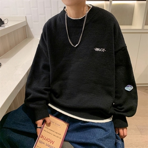 港风秋款男针织衫圆领套头毛衣字母印花贴标外套M607P45