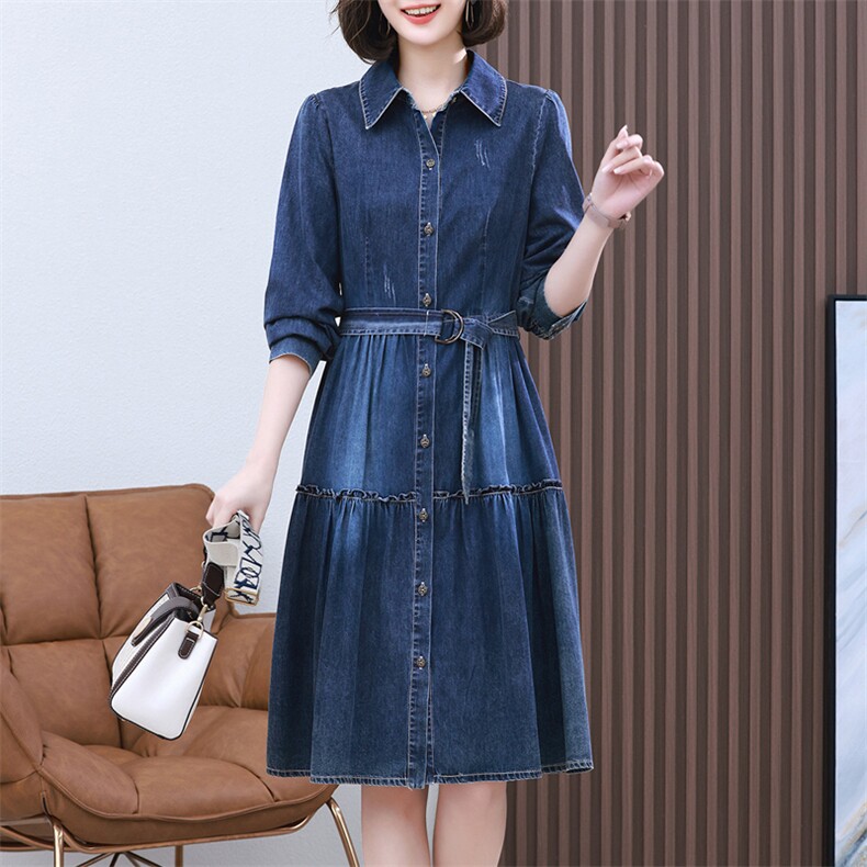 25春季新款重工刺绣民族风牛仔裙复古抽绳收腰显瘦长袖连衣裙，女装连衣裙，丽影随形