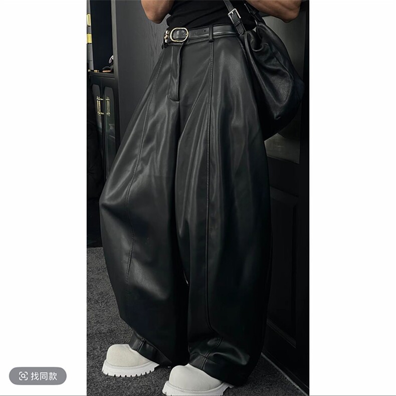 抖音原版面料秋冬潮男阔腿弯刀皮裤宽松长裤K1008-P83(网图），男装皮裤，电商B267