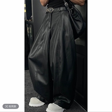 抖音原版面料秋冬潮男阔腿弯刀皮裤宽松长裤K1008-P83(网图），男装皮裤，电商B267
