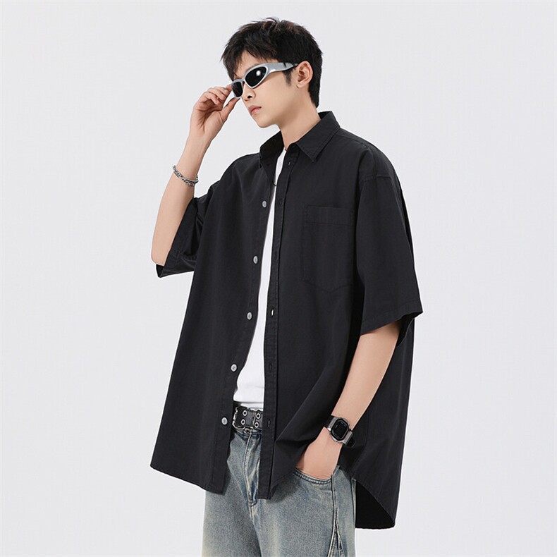 短袖衬衫纯棉夏季五分袖港风潮牌休闲衬衣服A436-0628-P4869,男装衬衫,电商A436