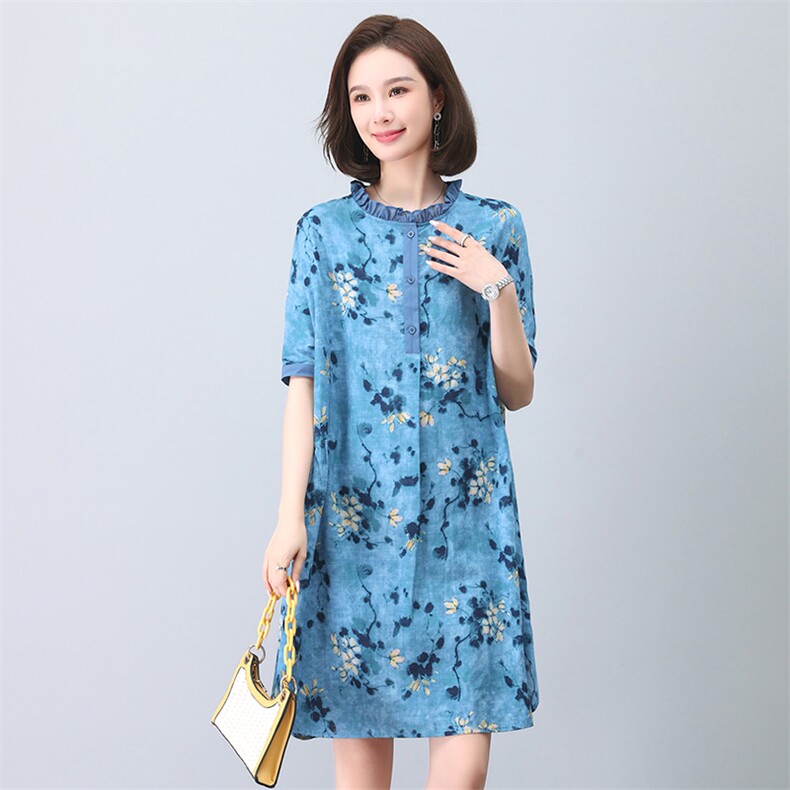 连衣裙女2024新款夏季洋气直筒加肥大码小个子妈妈高贵棉麻风裙子,女装连衣裙,依恋蒂丝