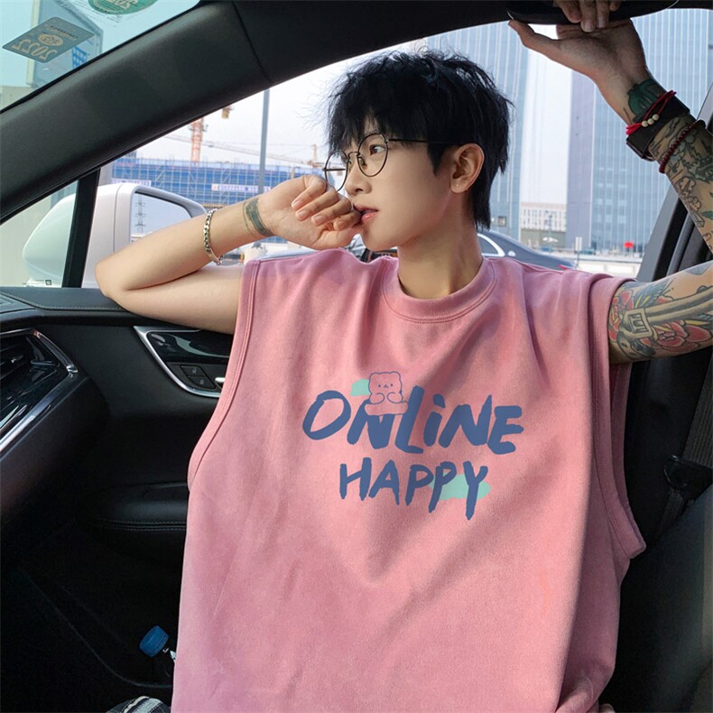 ！2025夏季新款男士麂皮绒无袖T恤潮流青少年背心TLBX18特P18,男装T恤,电商B220