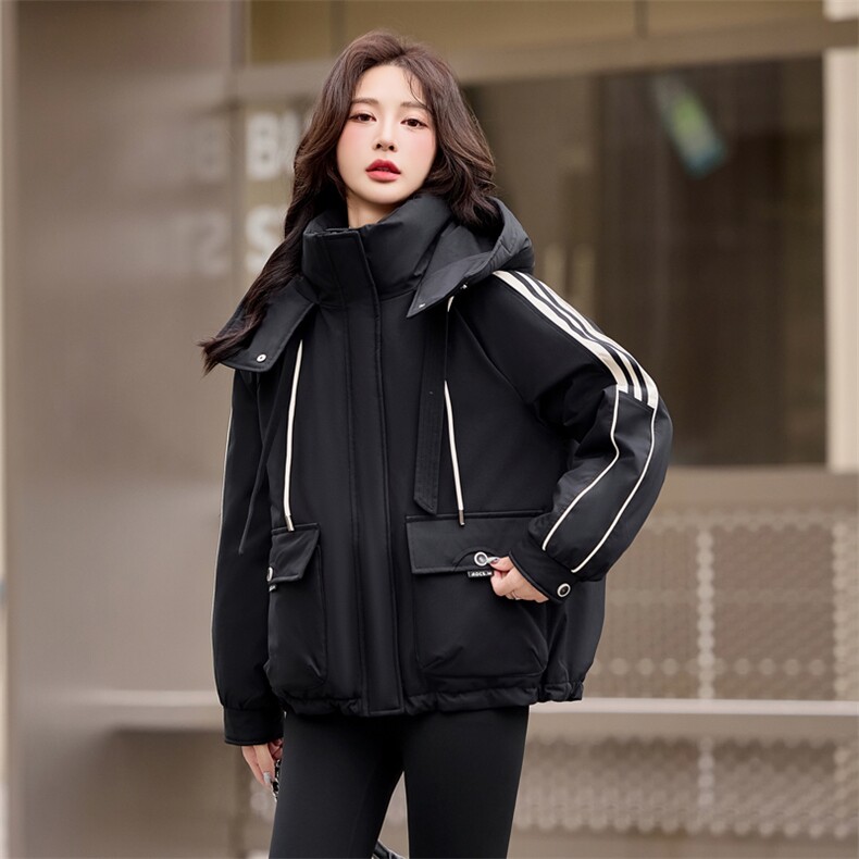 休闲时尚撞色工装派克羽绒服女2024冬新款加厚连帽保暖白鸭绒外套,女装羽绒服,采品优优