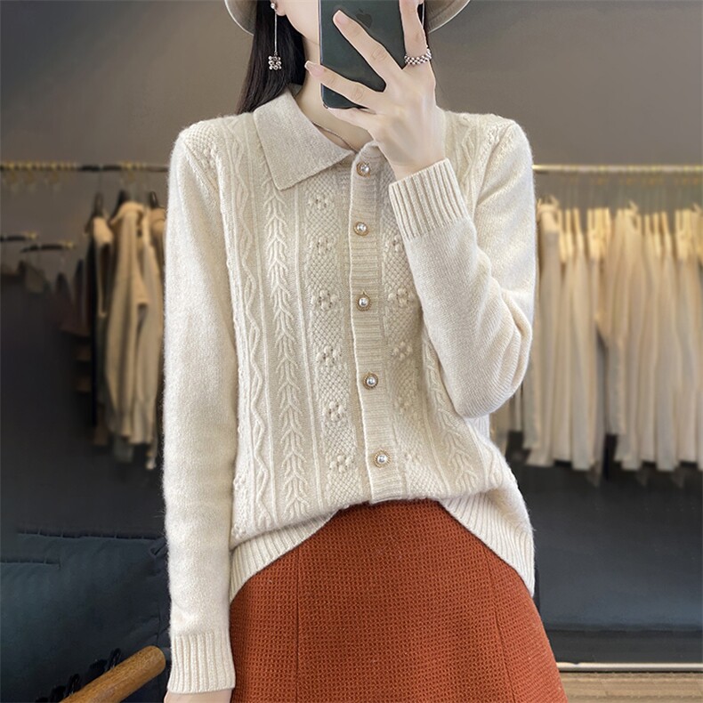 2024秋季新款扭花鼓包POLO领长袖纯色羊毛套头衫休闲百搭，女装羊毛衫，秋双羊绒