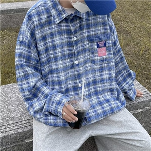 美式复古街头风流行蓝色长袖衬衫春款W1374P40图片