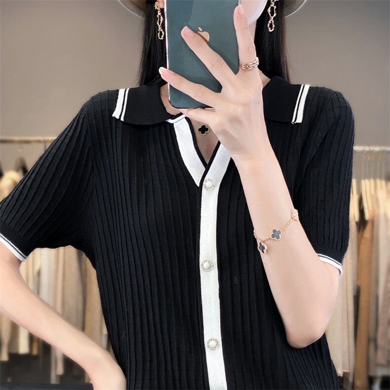 新款女装冰丝针织衫短袖翻领显瘦上衣时尚百搭夏季薄款开衫,针织衫/毛衣,萱芳婷羊绒