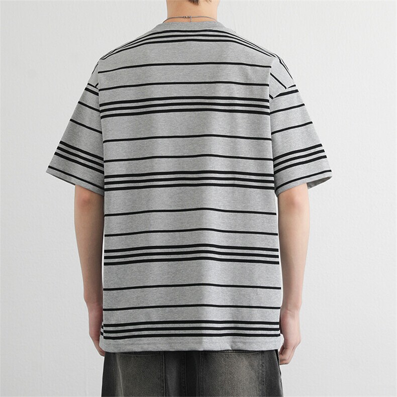 港风条纹短袖t恤男2026新款宽松圆领夏季衣服日系复古时尚,男装T恤,星座914