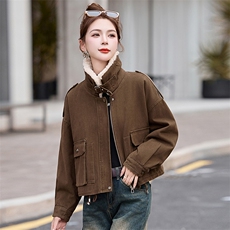 羊羔毛领加绒工装牛仔外套女2024冬季新款小个子宽松休闲派克棉服，女装棉衣/棉服，奕薇雅